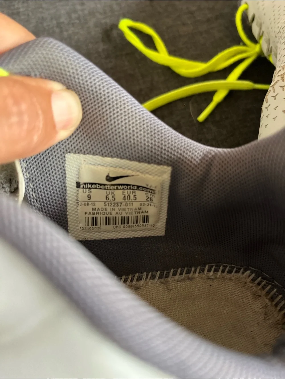 Nike Light Gray Running Shoes with Neon Yellow Laces
